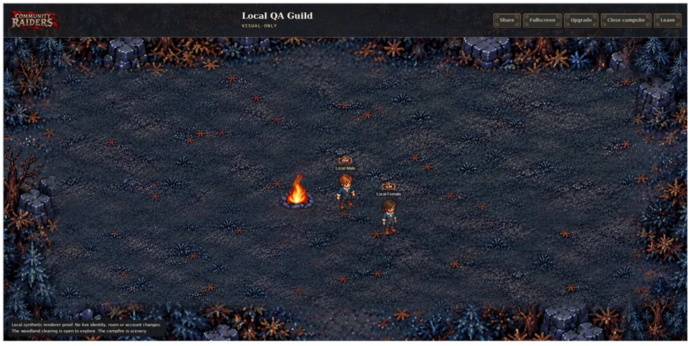 Local Raiderville renderer proof: approved night woodland, male and female raiders, campfire and overhead labels.